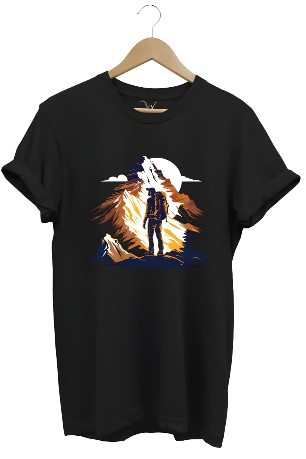 Mountain Dağ Yürüyüşü Ve Kar Manzara Baskılı %100 Pamuk Unisex Regular Fit Siyah T-Shirt