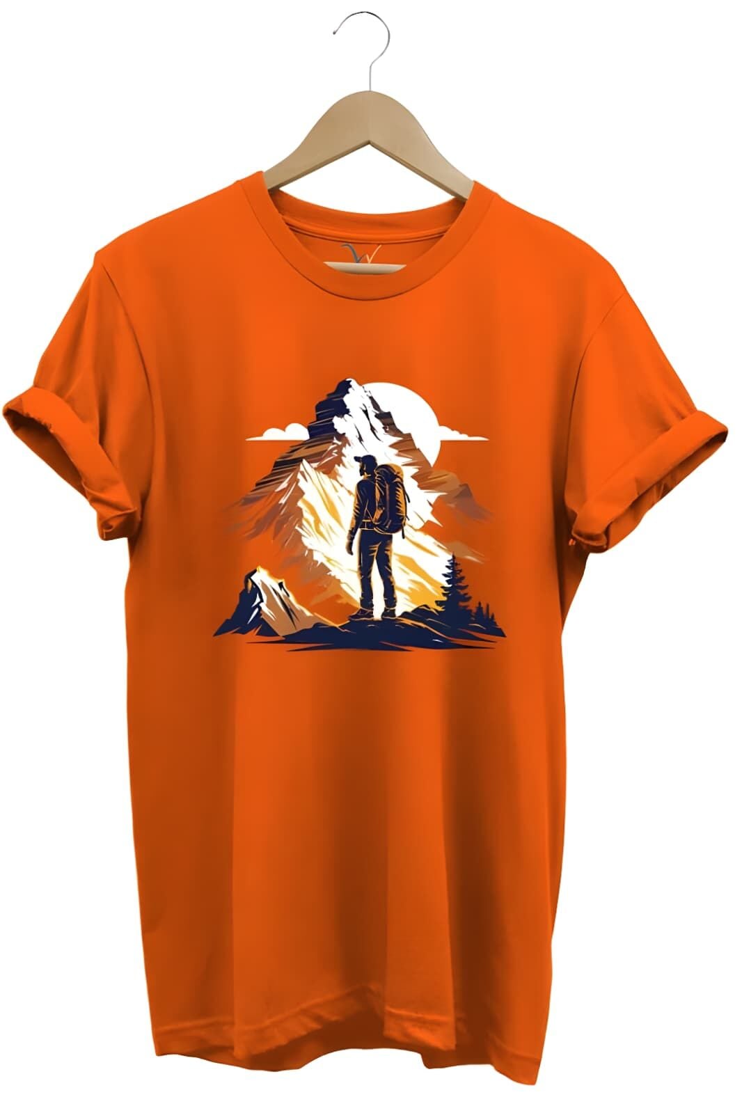 Mountain Dağ Yürüyüşü Ve Kar Manzara Baskılı %100 Pamuk Unisex Regular Fit Turuncu T-Shirt