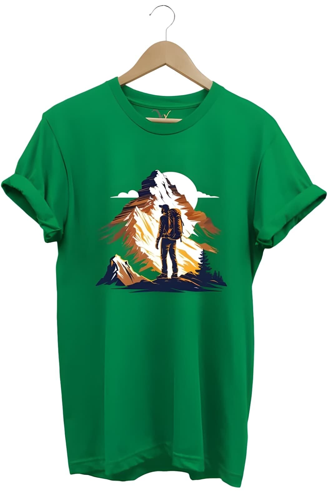 Mountain Dağ Yürüyüşü Ve Kar Manzara Baskılı %100 Pamuk Unisex Regular Fit Yeşil T-Shirt