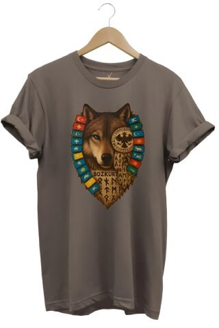 Göktürk Alfabeli Ve Türk Devletleri Bayrakları Baskılı %100 Pamuk Regular Fit Kahverengi Bozkurt T-Shirt