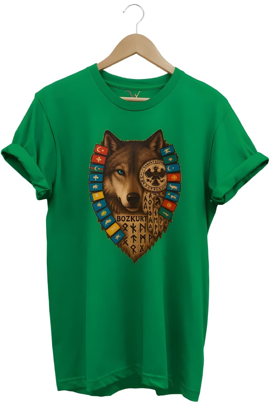 Göktürk Alfabeli Ve Türk Devletleri Bayrakları Baskılı %100 Pamuk Regular Fit Yeşil Bozkurt T-Shirt