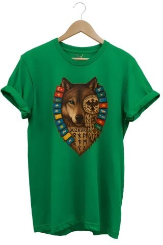 Göktürk Alfabeli Ve Türk Devletleri Bayrakları Baskılı %100 Pamuk Regular Fit Yeşil Bozkurt T-Shirt