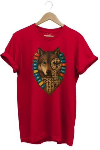 Göktürk Alfabeli Ve Türk Devletleri Bayrakları Baskılı %100 Pamuk Regular Fit Kırmızı Bozkurt T-Shirt
