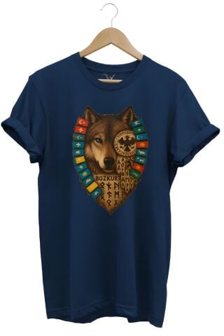 Göktürk Alfabeli Ve Türk Devletleri Bayrakları Baskılı %100 Pamuk Regular Fit Lacivert T-Shirt Bozkurt