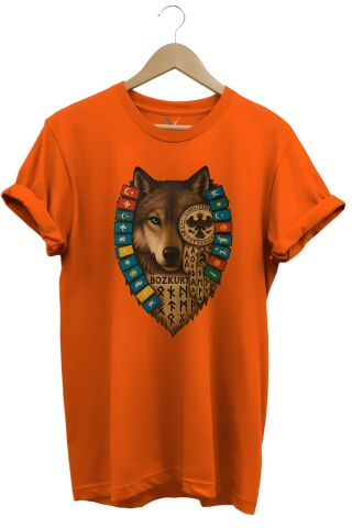 Göktürk Alfabeli Ve Türk Devletleri Bayrakları Baskılı %100 Pamuk Regular Fit Turuncu Bozkurt T-Shirt