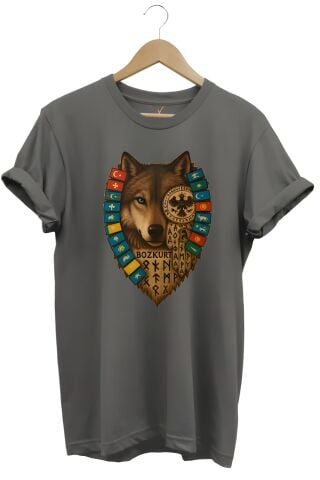 Göktürk Alfabeli Ve Türk Devletleri Bayrakları Baskılı %100 Pamuk Regular Fit Antrasit Bozkurt T-Shirt