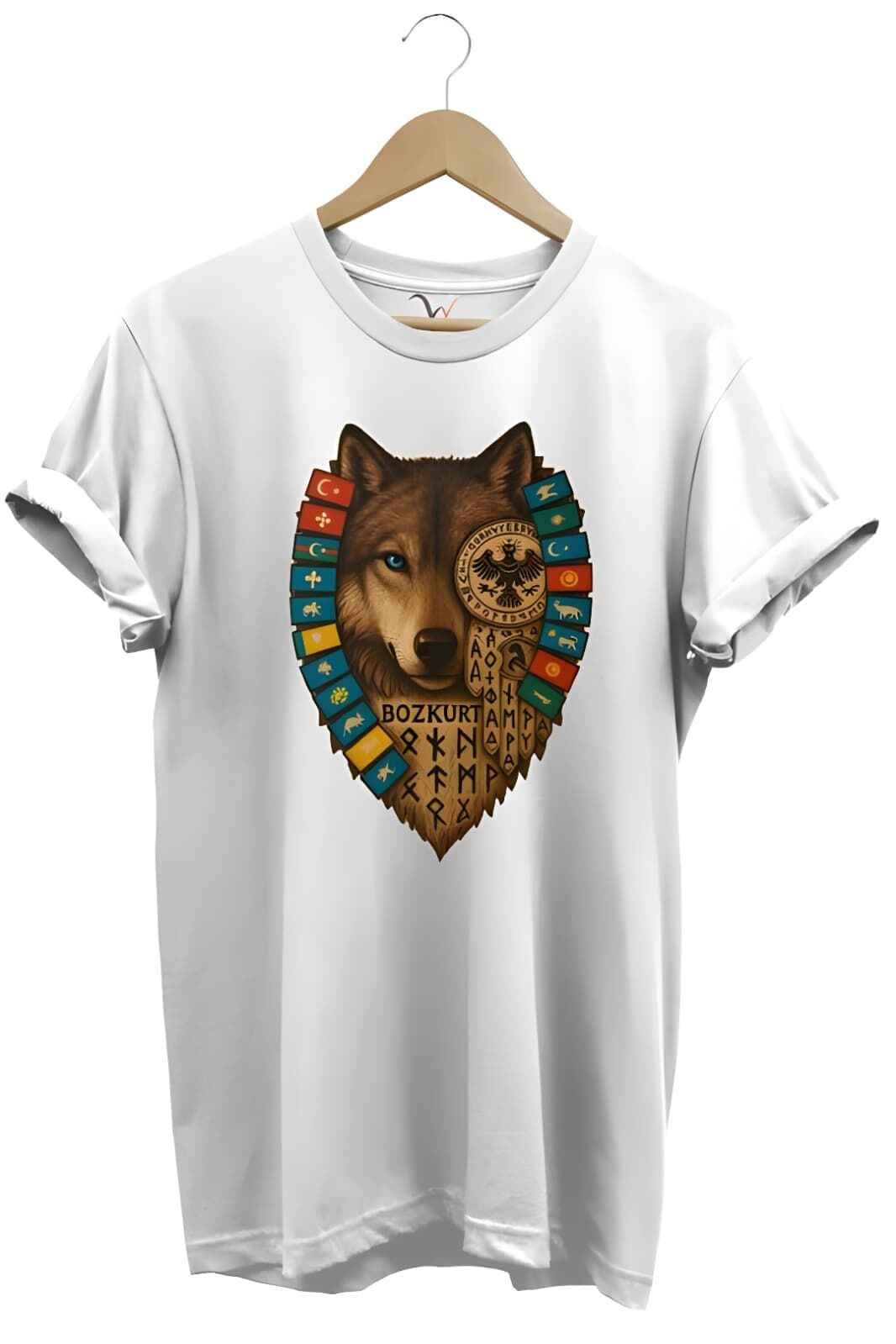 Göktürk Alfabeli Ve Türk Devletleri Bayrakları Baskılı %100 Pamuk Regular Fit Beyaz Bozkurt  T-Shirt