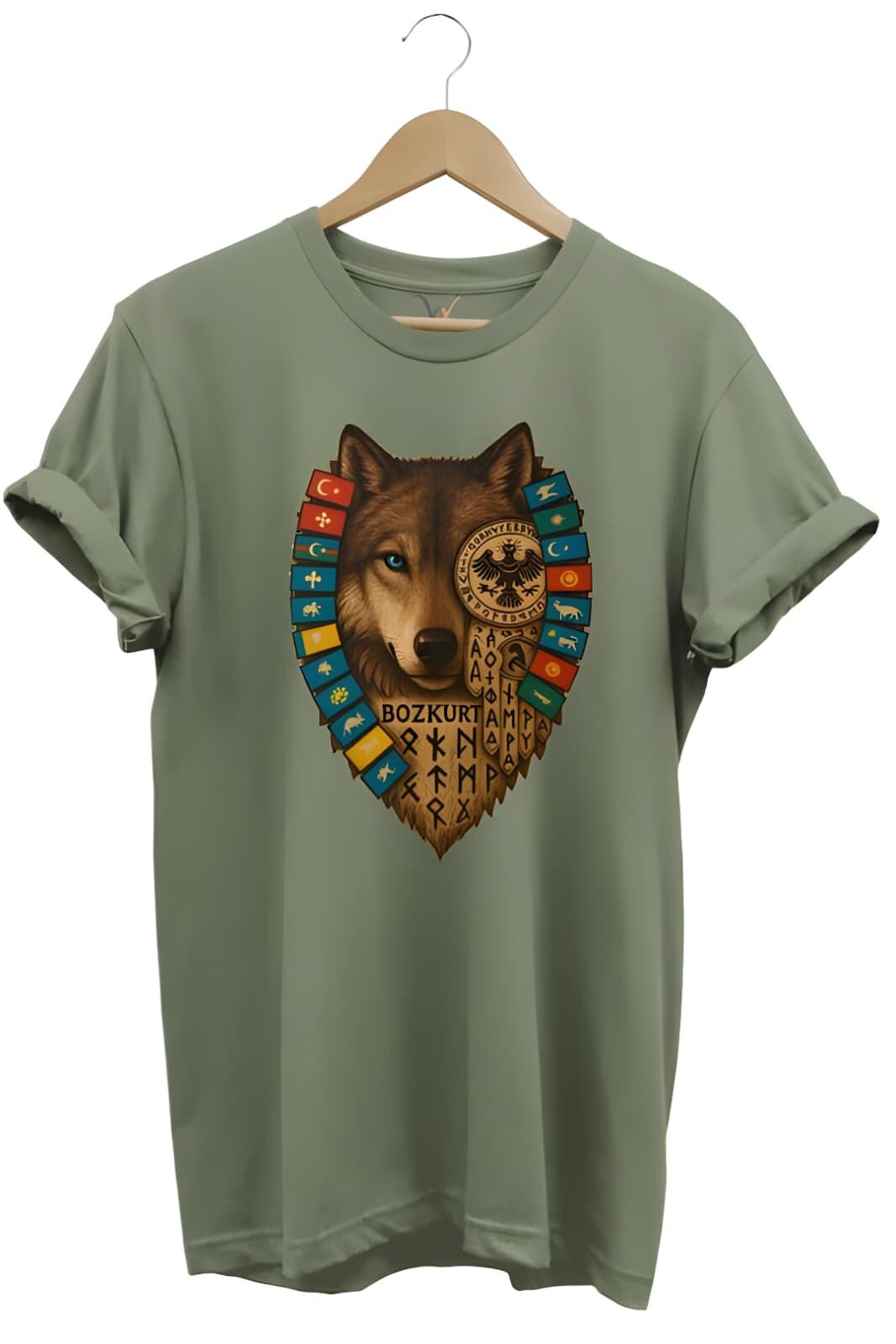 Göktürk Alfabeli Ve Türk Devletleri Bayrakları Baskılı %100 Pamuk Regular Fit Haki Bozkurt T-Shirt