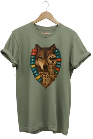 Göktürk Alfabeli Ve Türk Devletleri Bayrakları Baskılı %100 Pamuk Regular Fit Haki Bozkurt T-Shirt
