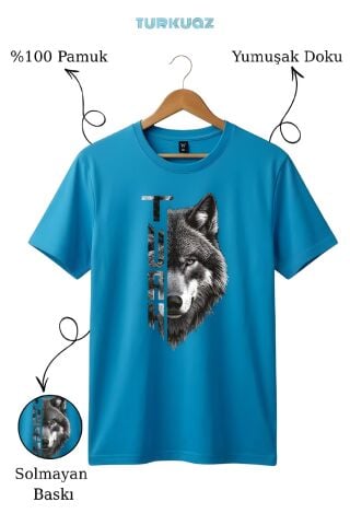 Kurt Baskılı %100 Pamuk Turkuaz T-Shirt