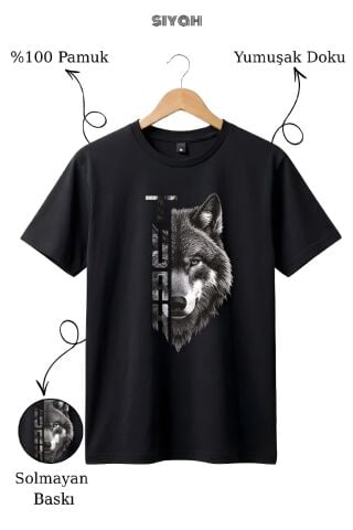 Kurt Baskılı %100 Pamuk Siyah T-Shirt