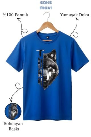 Kurt Baskılı %100 Pamuk Saks Mavi T-Shirt