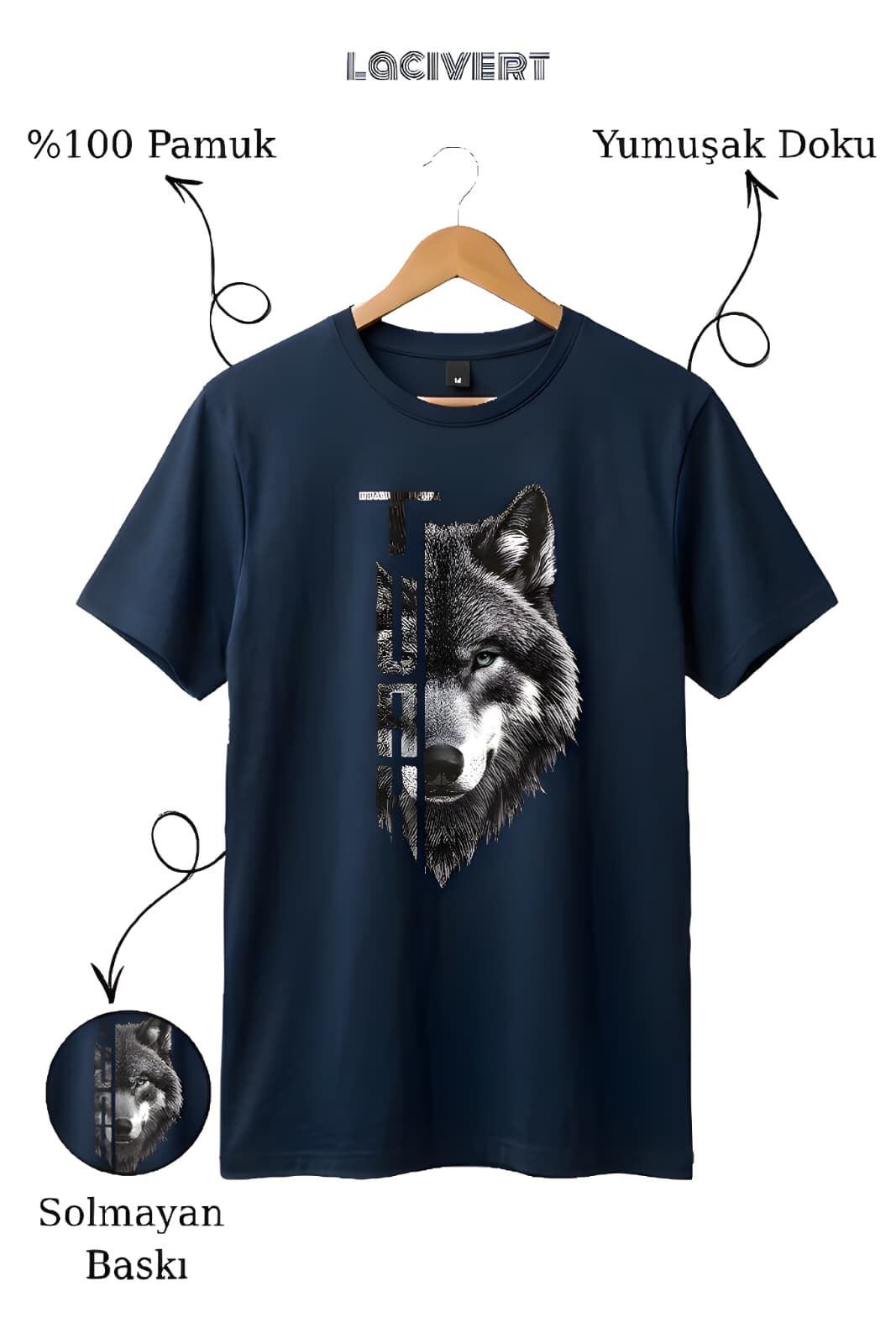 Kurt Baskılı %100 Pamuk Lacivert T-Shirt