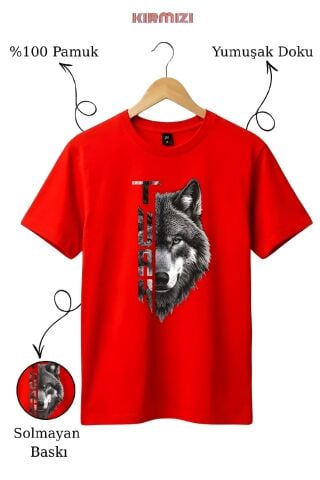Kurt Baskılı %100 Pamuk Kırmızı T-Shirt