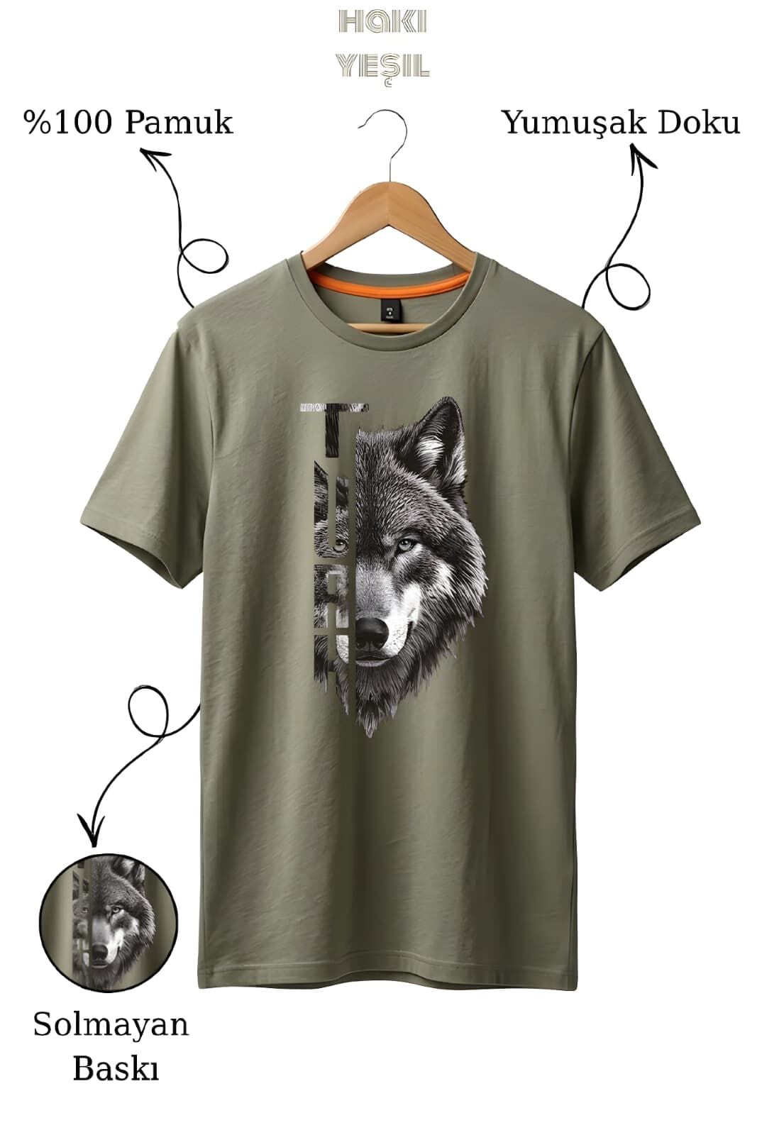 Kurt Baskılı %100 Pamuk Haki Yeşil T-Shirt