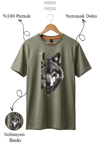 Kurt Baskılı %100 Pamuk Haki Yeşil T-Shirt
