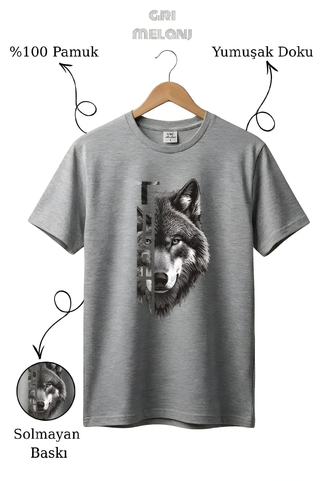 Kurt Baskılı %100 Pamuk Gri Melanj T-Shirt