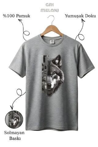Kurt Baskılı %100 Pamuk Gri Melanj T-Shirt
