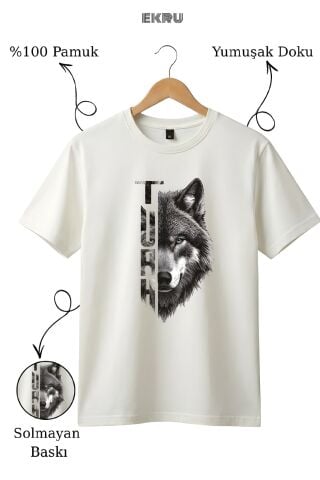 Kurt Baskılı %100 Pamuk Ekru T-Shirt