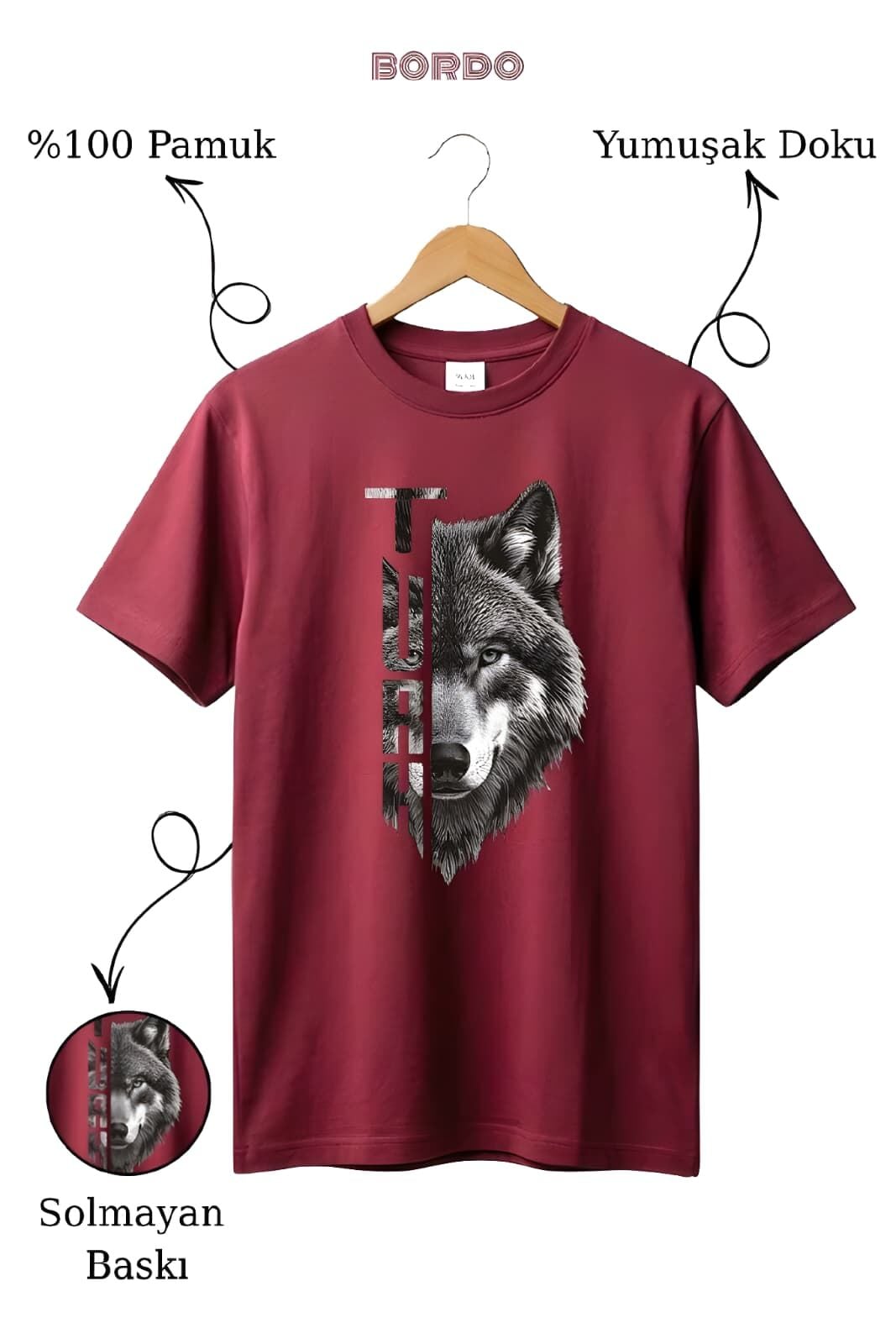 Kurt Baskılı %100 Pamuk Bordo T-Shirt