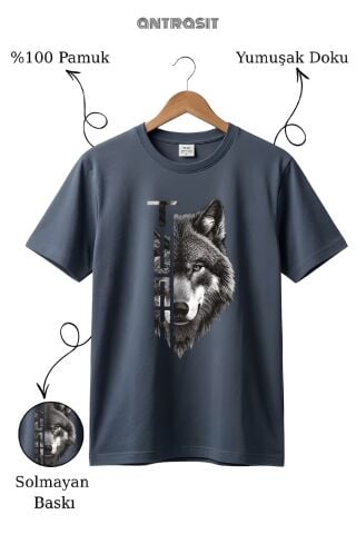 Kurt Baskılı %100 Pamuk Antrasit T-Shirt