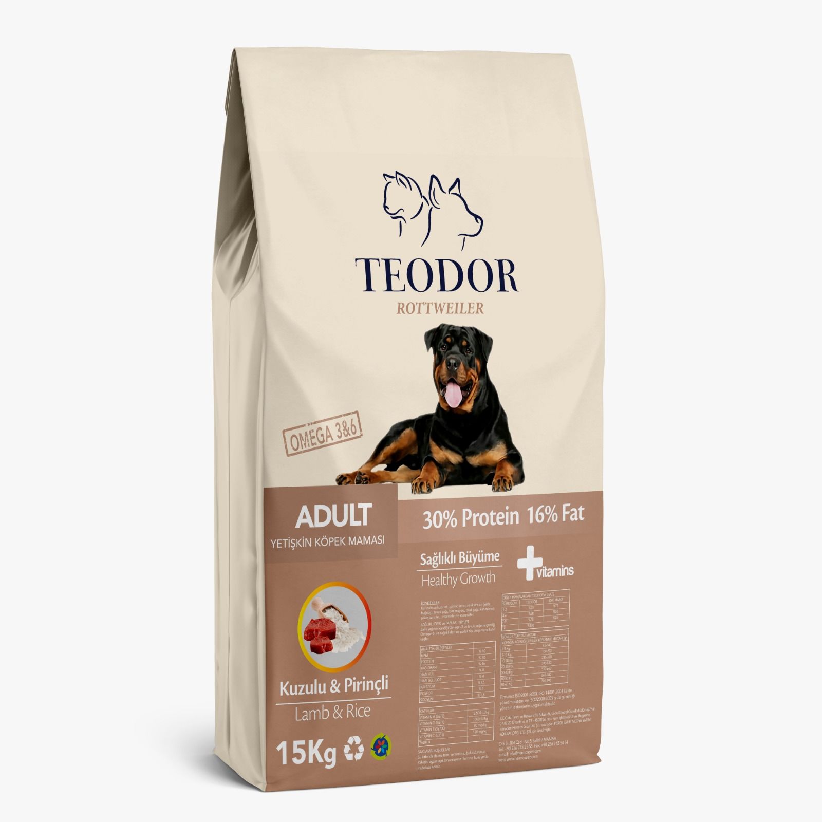 TEODOR ROTTWEILER Adult Kuzu-Pirinçli Yetişkin Köpek Maması
