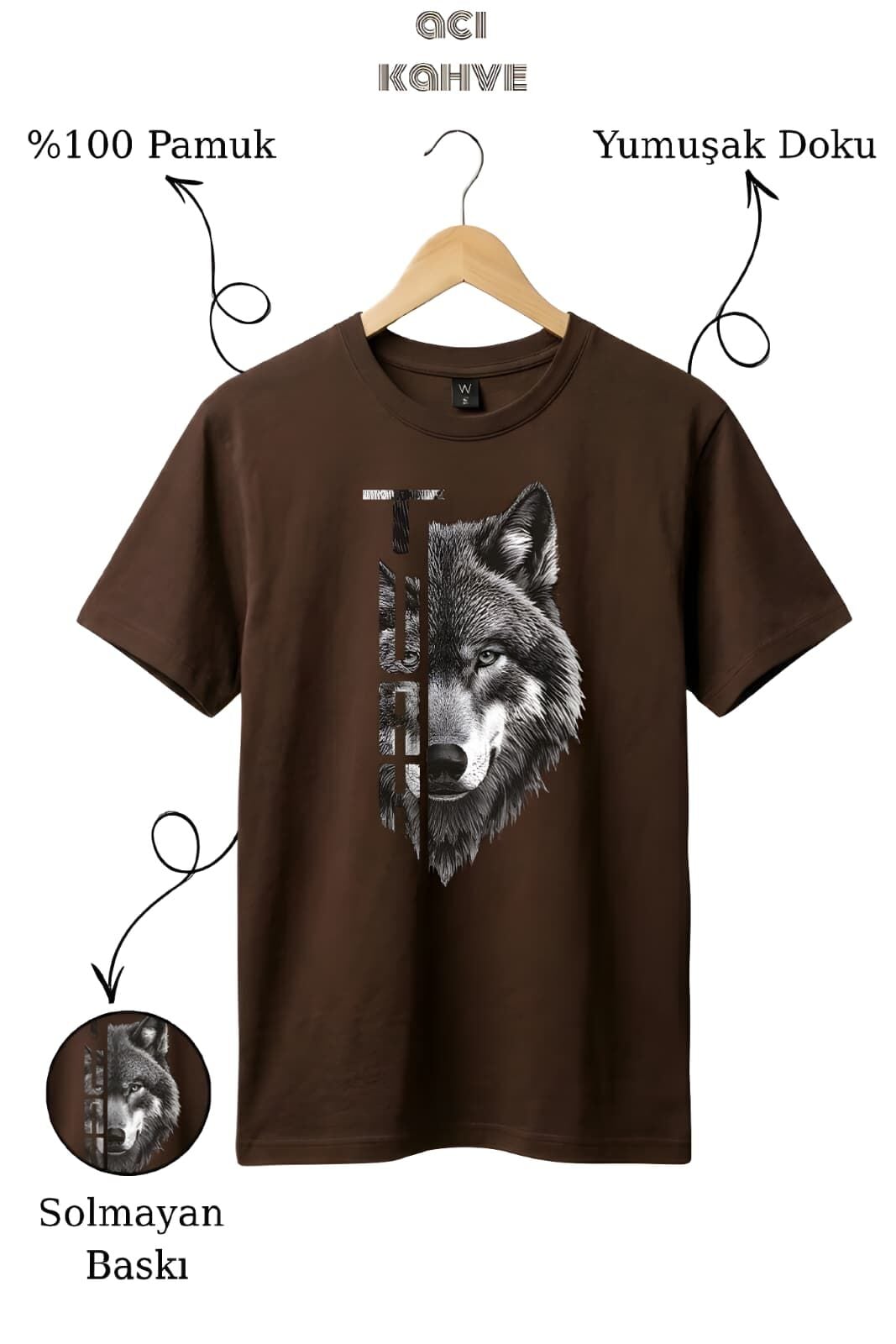 Kurt Baskılı %100 Pamuk Acı Kahve T-Shirt