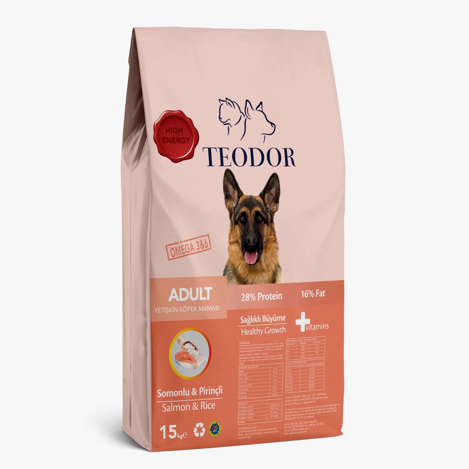 TEODOR Adult Yüksek Enerjili Somonlu-Pirinçli Yetişkin Köpek Maması