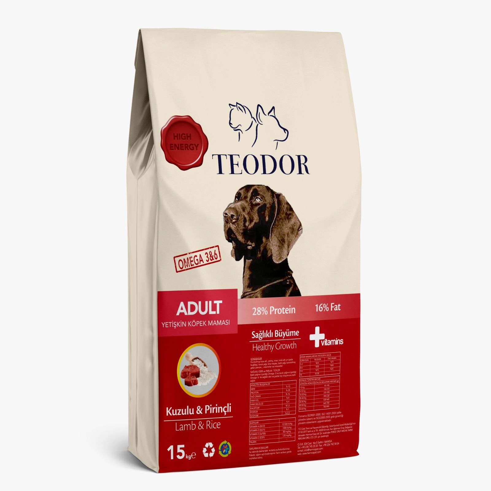 TEODOR Adult Yüksek Enerjili Kuzulu-Pirinçli Köpek Maması