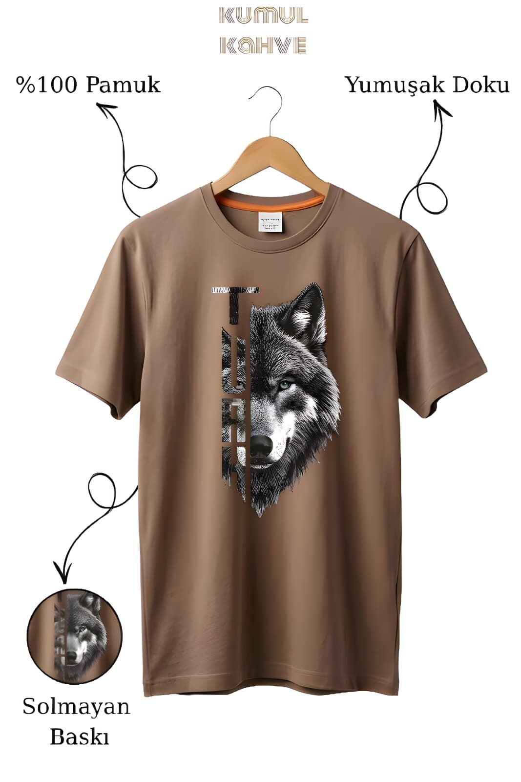 Kurt Baskılı %100 Pamuk Kumul Kahve T-shirt