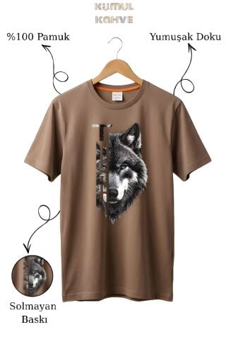 Kurt Baskılı %100 Pamuk Kumul Kahve T-shirt
