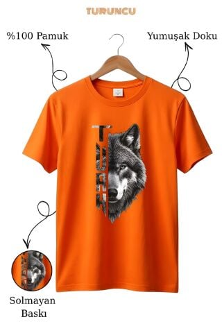 Kurt Baskılı %100 Pamuk Turuncu T-shirt