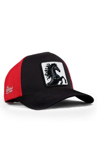 At Logolu Siyah Kırmızı Premium Trucker Şapka