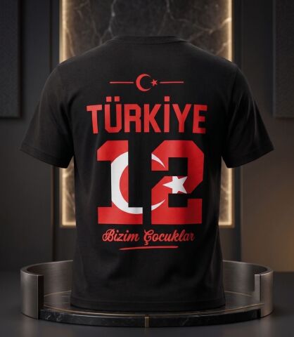 Türkiye 12 Numara Taraftar Tişörtü – %100 Pamuk Siyah Milli Takım Tişörtü