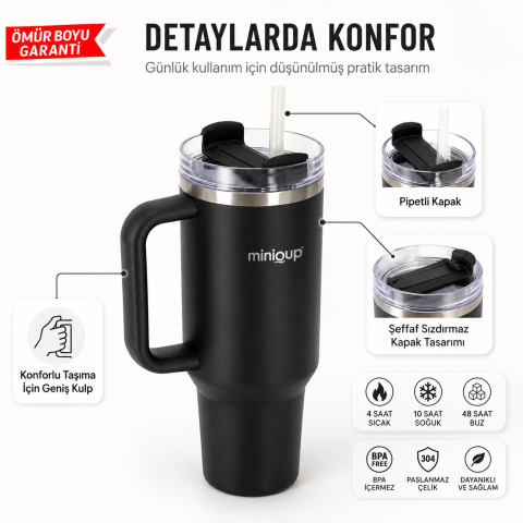 MiniQup Sipstraw 900 ML  Mat Siyah Pipetli Paslanmaz Çelik Termos