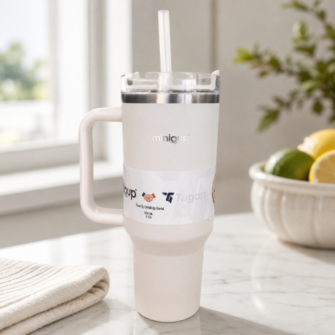 MiniQup Sipstraw 900 ML Mat Bej Pipetli Paslanmaz Çelik Termos