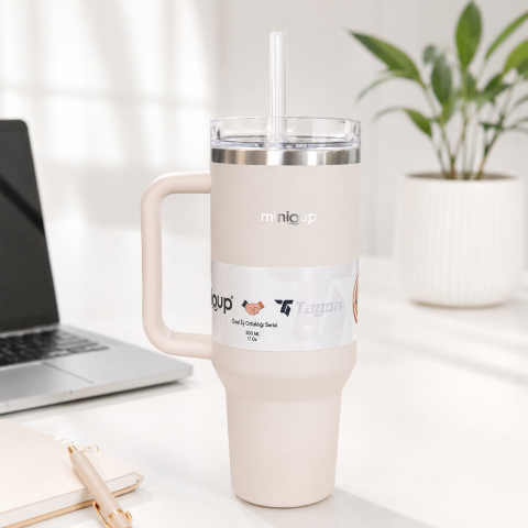 MiniQup Sipstraw 900 ML Mat Bej Pipetli Paslanmaz Çelik Termos