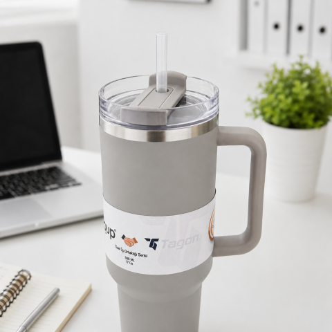 MiniQup Sipstraw 900 ML Mat Gri Pipetli Paslanmaz Çelik Termos
