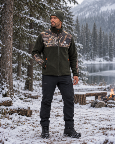 Tagon Haki Saz Desenli Detaylı Erkek Outdoor Polar Ceket | Fermuarlı 2 Cepli Polar