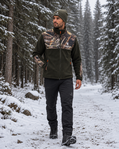 Tagon Haki Saz Desenli Detaylı Erkek Outdoor Polar Ceket | Fermuarlı 2 Cepli Polar