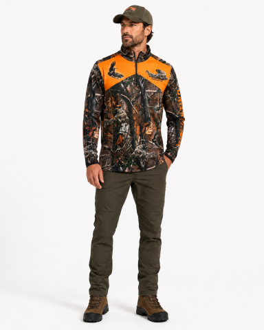 Turuncu Detaylı Orman Desen Yarım Fermuarlı Avcı Çulluk Sweatshirt | Outdoor Kamuflaj Üst