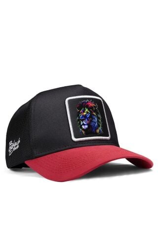 Aslan Logolu Kırmızı-Siyah Trucker Şapka