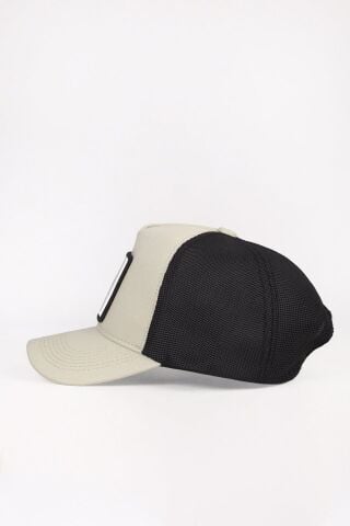 Kaplan Logolu Bej-Siyah Trucker Şapka