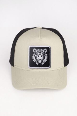 Kaplan Logolu Bej-Siyah Trucker Şapka