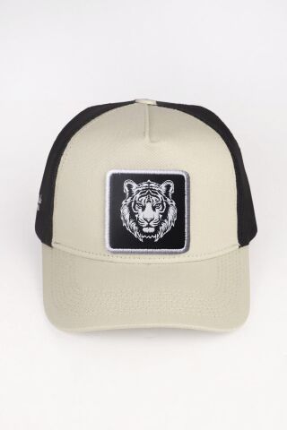 Kaplan Logolu Bej-Siyah Trucker Şapka