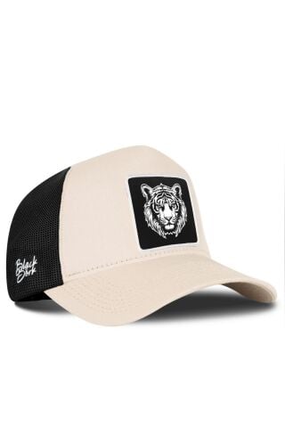 Kaplan Logolu Bej-Siyah Trucker Şapka